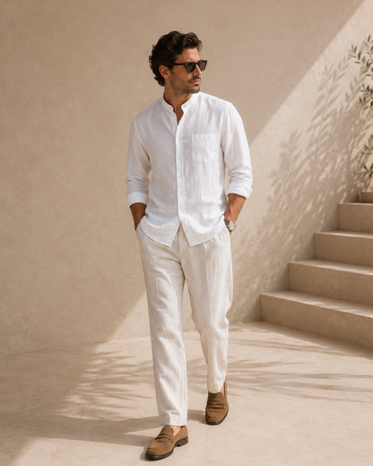 Men’s Mandarin Collar Shirt – Relaxed Fit Textured Cotton Shirt